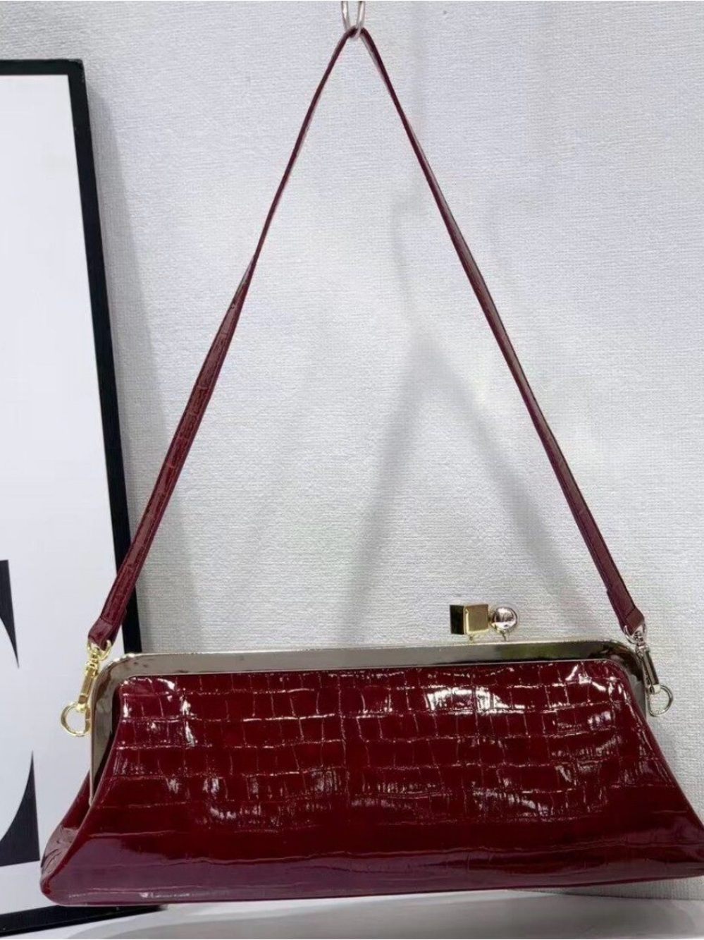 Croc-Texture Frame cowhide Shoulder Bag in Black, Red wine, white and Brown